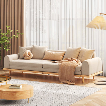 Three-Seater Sleeper Sofa in Beige Cotton & Linen with Retractable Solid Wood Frame